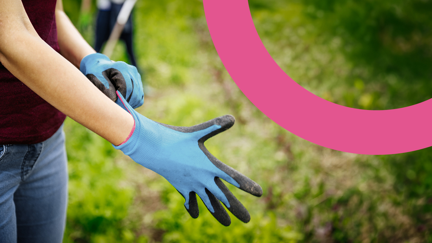 Cover image of the Sustainability Report: Woman putting on gardening gloves